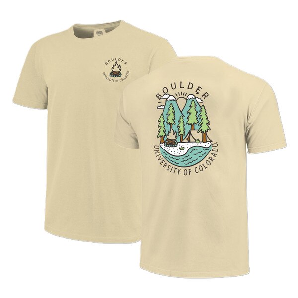 Youth light yellow Boulder Colorado T-shirt featuring a small campfire graphic on the front and a scenic mountain river design with 'University of Colorado' text on the back.